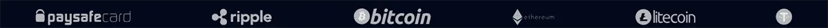 Crypto payment icons banner showing paysafecard, Ripple, Bitcoin, Ethereum, Litecoin, and Tether (USDT) on a dark background.