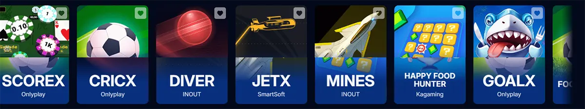 Row of game thumbnails in a casino carousel, showing Scorex, Cricx, Diver, JetX, Mines, Happy Food Hunter, and GoalX, each with an icon and title on a dark blue card.