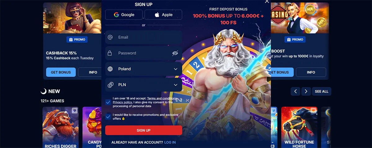 Casino website screenshot with a centred sign-up modal offering “100% bonus up to 6,000€ + 100 FS,” Google and Apple sign-up buttons, email/password fields, country set to Poland with PLN currency, and a red “Sign Up” button, over a background featuring a Zeus-style character with lightning and promo/game tiles.